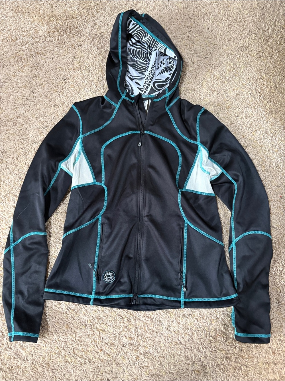 Harley-Davidson Black Jacket with Teal Trim and White Accents